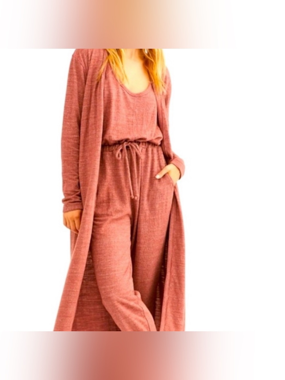 Three Bird Nest - Rust/Mauve Ribbed Knit Jumpsuit with Long Duster - Small